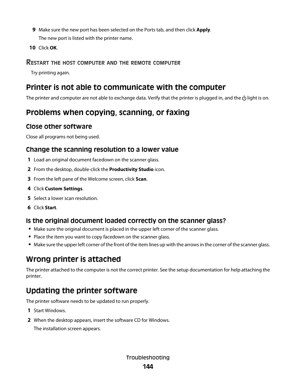 Problems when copying, scanning, or faxing, Wrong printer is attached, Updating the printer software | Lexmark 5300 Series User Manual | Page 144 / 194