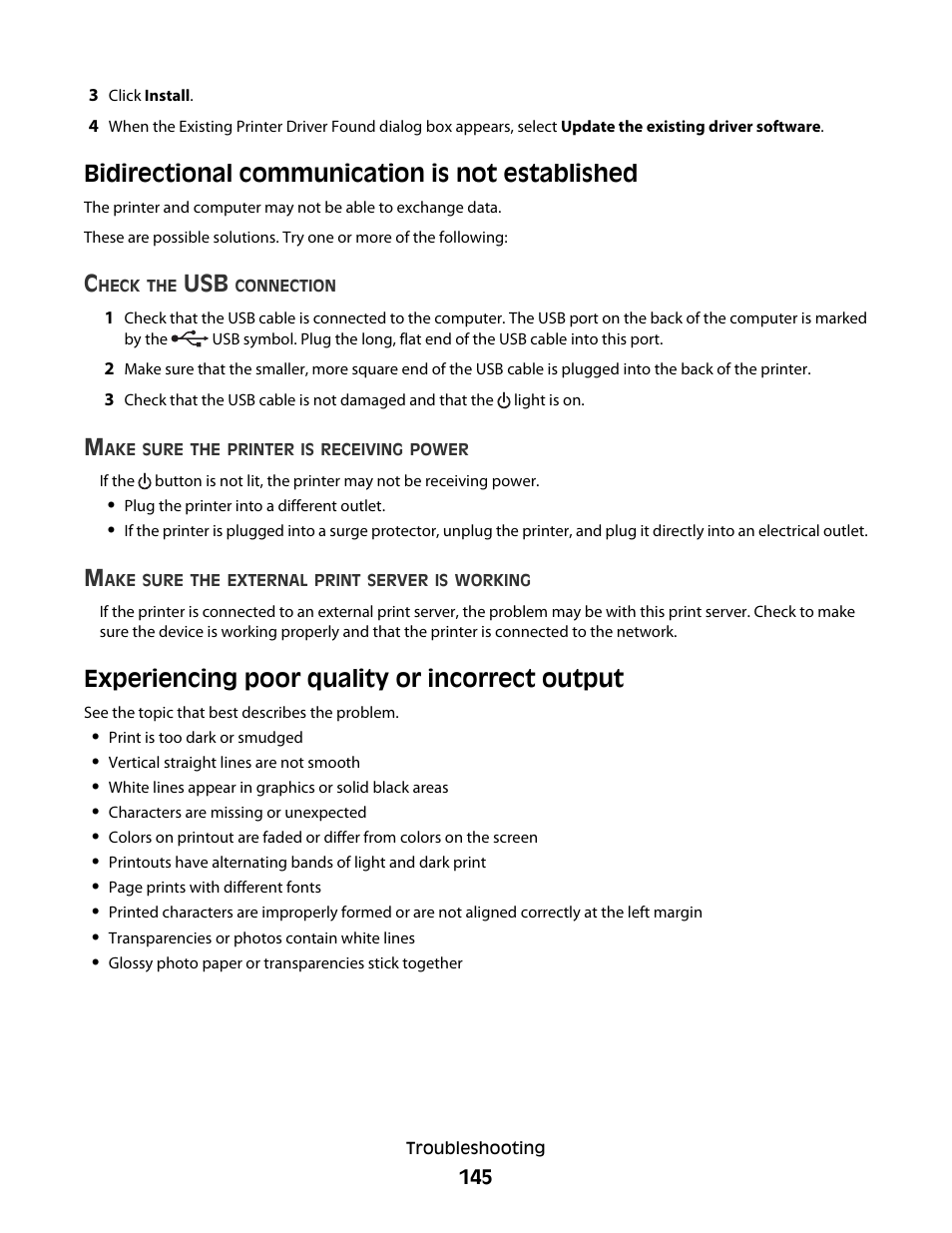 Bidirectional communication is not established, Experiencing poor quality or incorrect output | Lexmark 5300 Series User Manual | Page 145 / 194