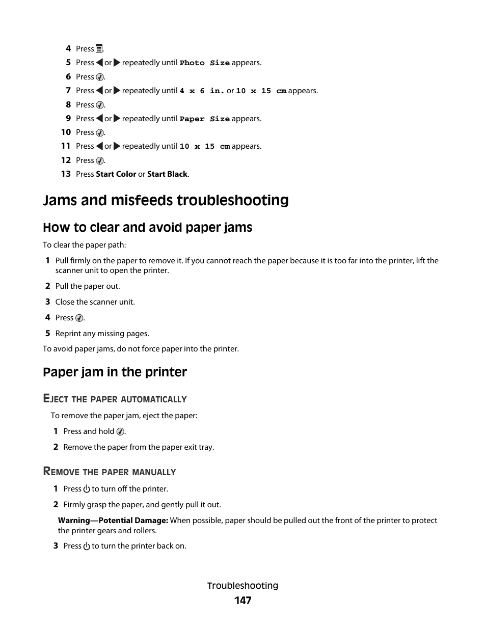 Jams and misfeeds troubleshooting, How to clear and avoid paper jams, Paper jam in the printer | Paper jam in the printer e | Lexmark 5300 Series User Manual | Page 147 / 194