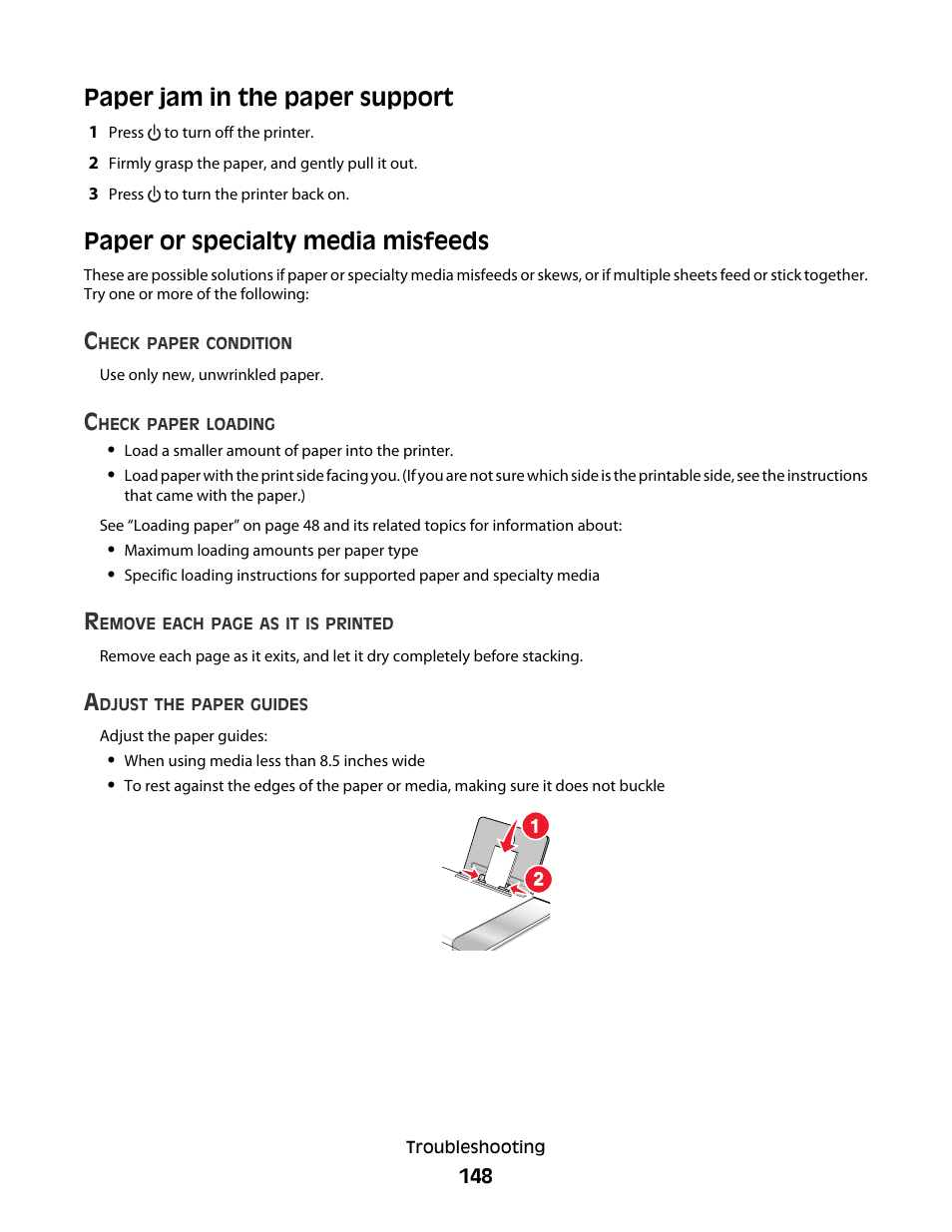 Paper jam in the paper support, Paper or specialty media misfeeds | Lexmark 5300 Series User Manual | Page 148 / 194