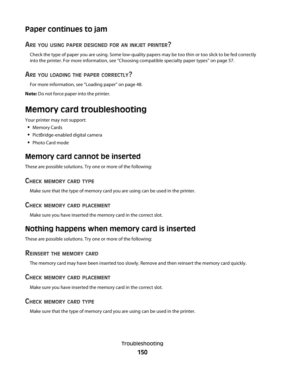 Paper continues to jam, Memory card troubleshooting, Memory card cannot be inserted | Nothing happens when memory card is inserted, Paper continues to jam a | Lexmark 5300 Series User Manual | Page 150 / 194