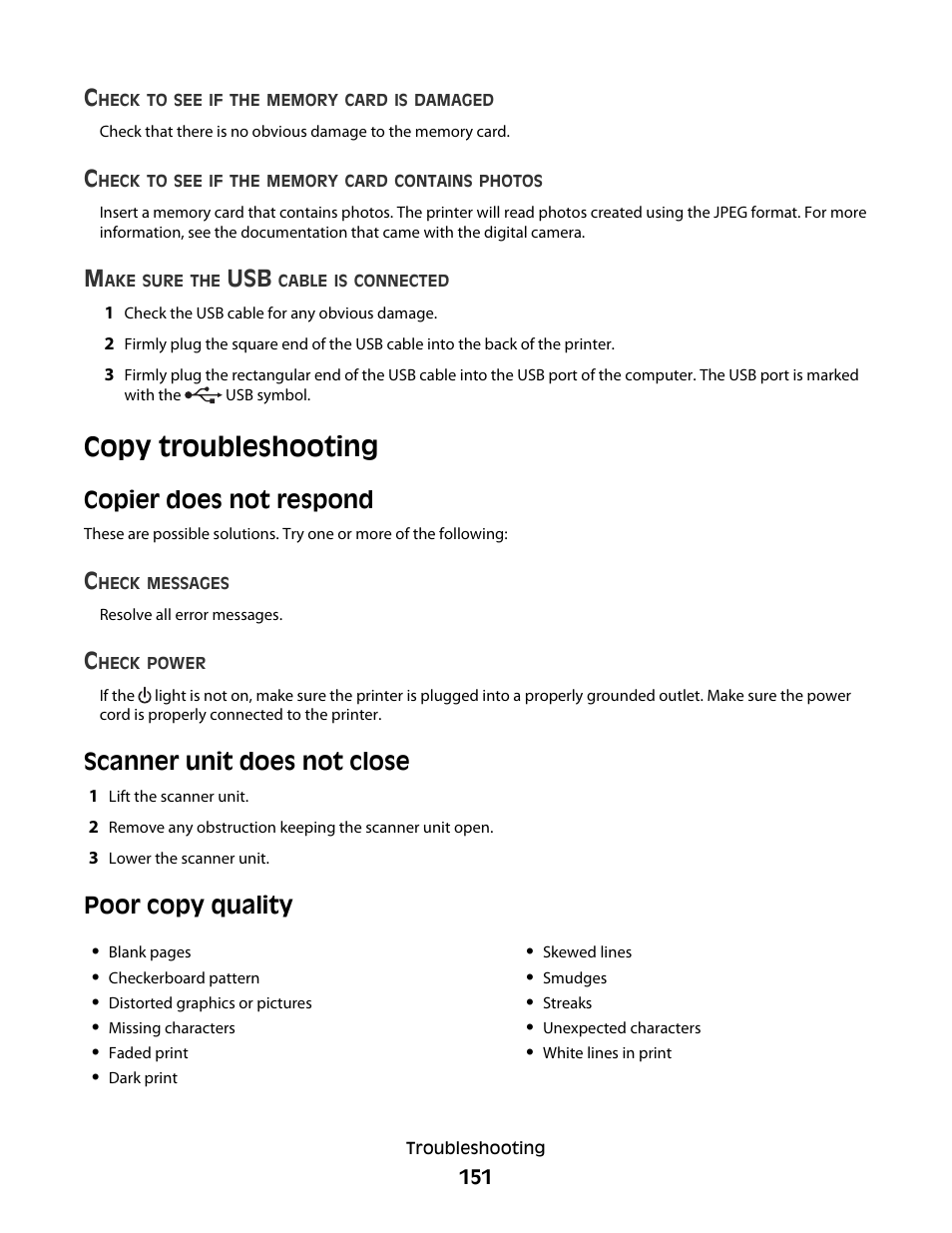 Copy troubleshooting, Copier does not respond, Scanner unit does not close | Poor copy quality | Lexmark 5300 Series User Manual | Page 151 / 194