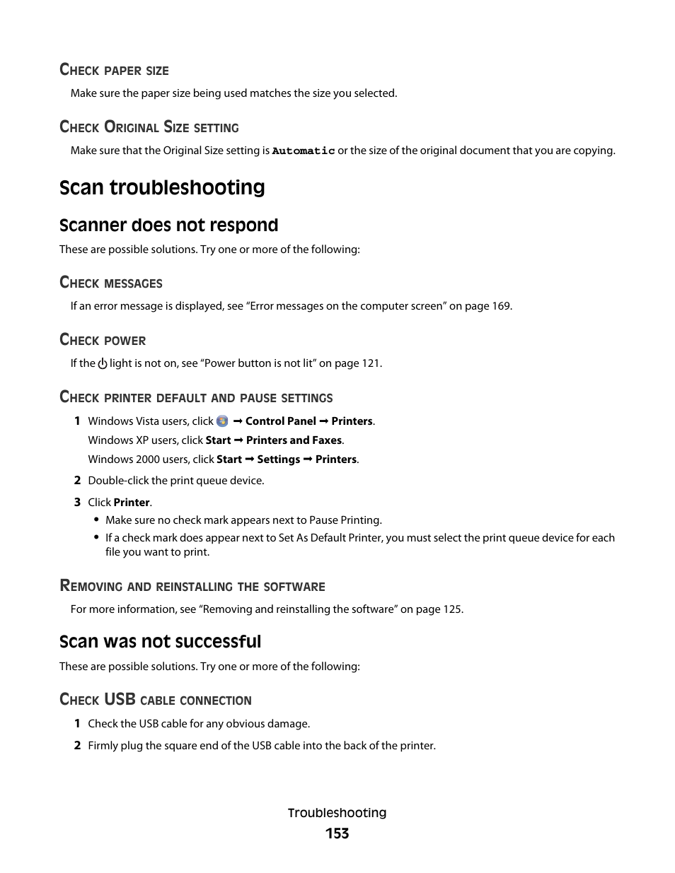 Scan troubleshooting, Scanner does not respond, Scan was not successful | Scanner does not respond scan was not successful | Lexmark 5300 Series User Manual | Page 153 / 194