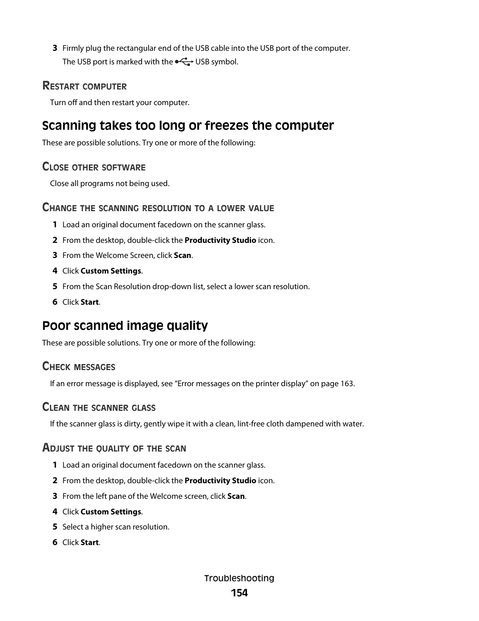 Scanning takes too long or freezes the computer, Poor scanned image quality | Lexmark 5300 Series User Manual | Page 154 / 194