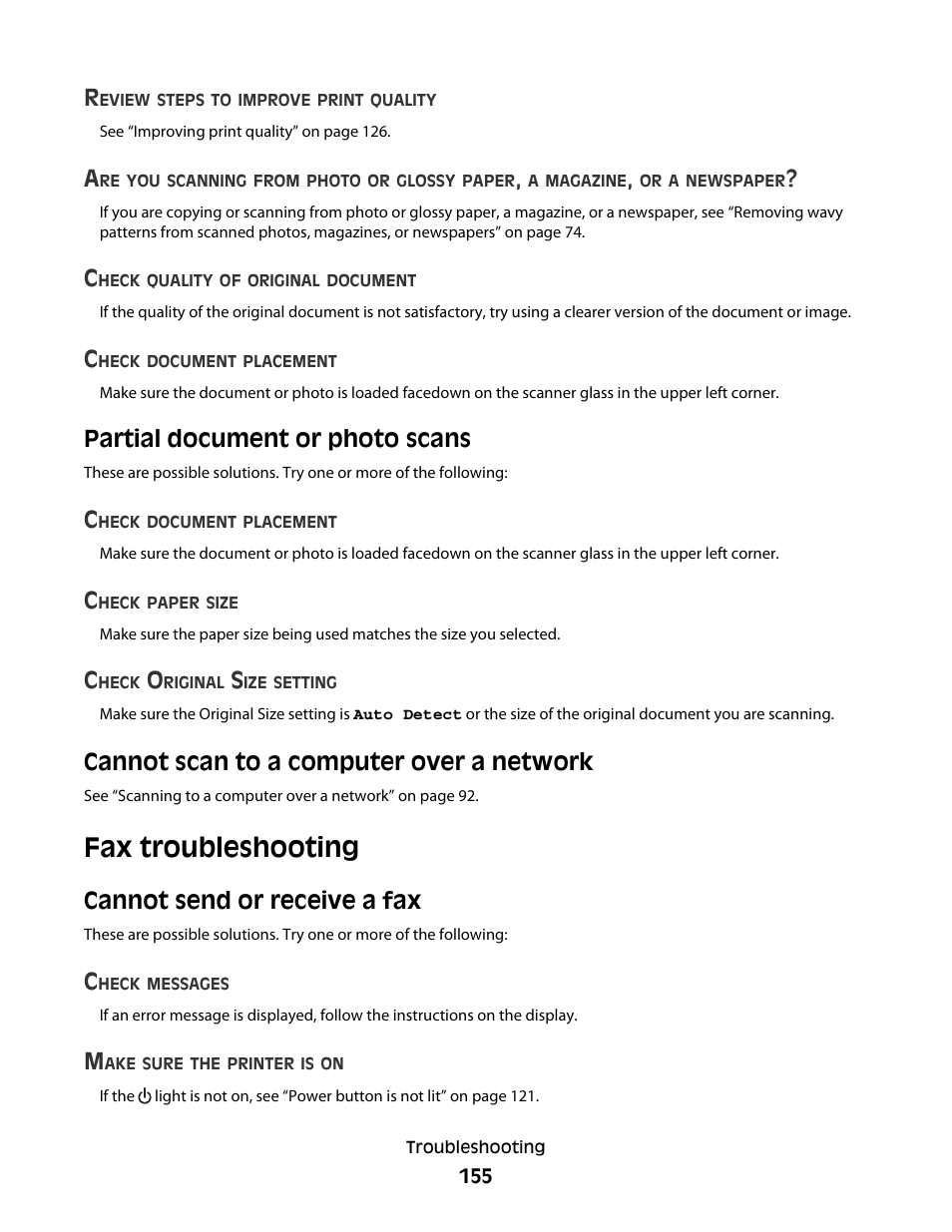 Partial document or photo scans, Cannot scan to a computer over a network, Fax troubleshooting | Cannot send or receive a fax | Lexmark 5300 Series User Manual | Page 155 / 194