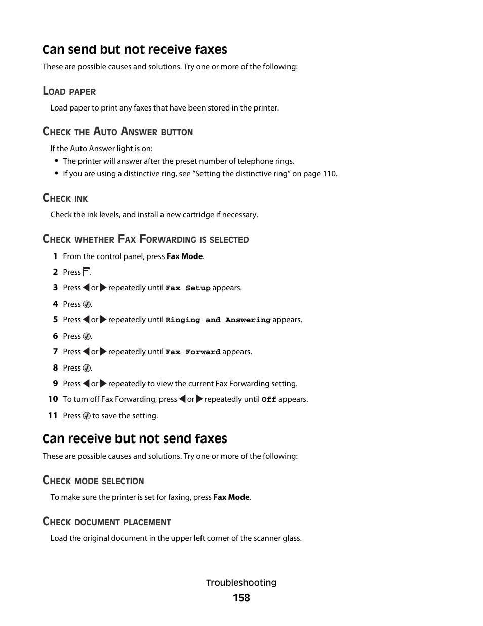 Can send but not receive faxes, Can receive but not send faxes | Lexmark 5300 Series User Manual | Page 158 / 194