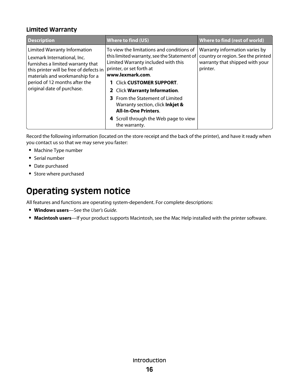 Operating system notice | Lexmark 5300 Series User Manual | Page 16 / 194