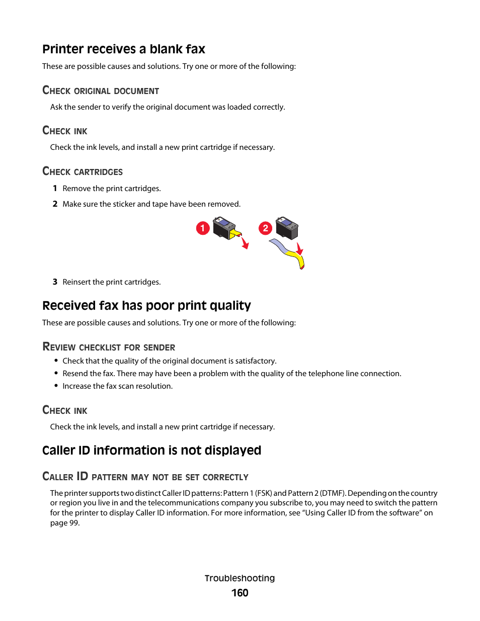 Printer receives a blank fax, Received fax has poor print quality, Caller id information is not displayed | Caller id information is not displayed c | Lexmark 5300 Series User Manual | Page 160 / 194