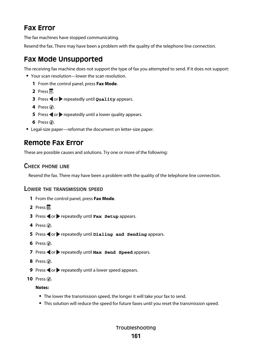 Fax error, Fax mode unsupported, Remote fax error | Fax error fax mode unsupported remote fax error | Lexmark 5300 Series User Manual | Page 161 / 194