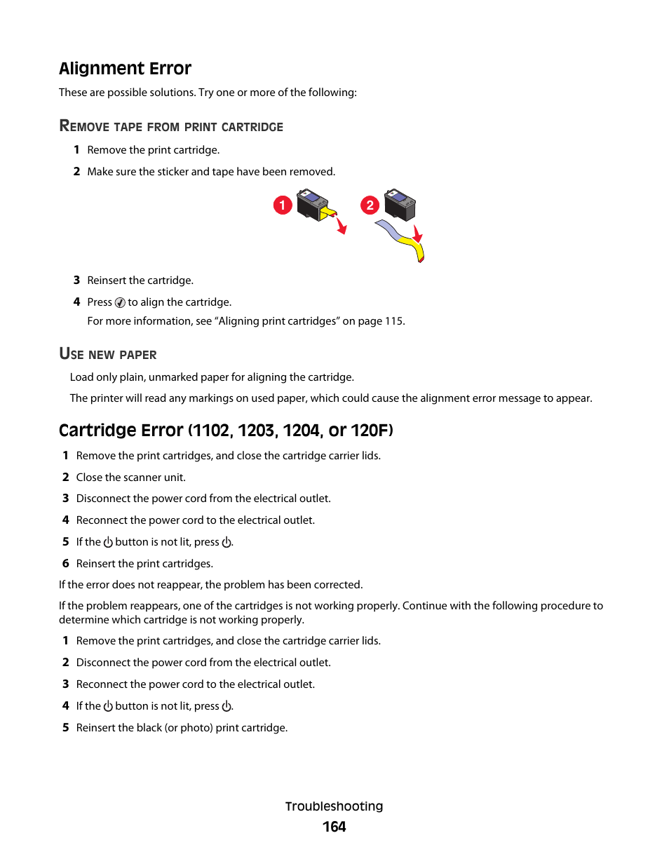 Alignment error, Cartridge error (1102, 1203, 1204, or 120f) | Lexmark 5300 Series User Manual | Page 164 / 194