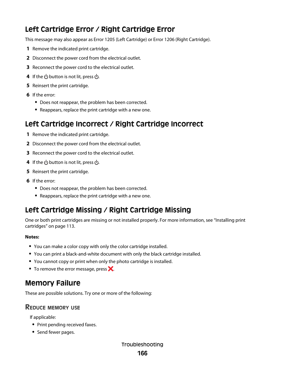 Left cartridge error / right cartridge error, Left cartridge missing / right cartridge missing, Memory failure | Lexmark 5300 Series User Manual | Page 166 / 194