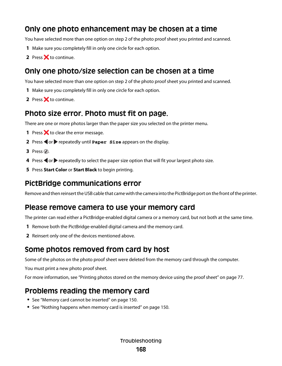 Only one photo enhancement may be chosen at a time, Pictbridge communications error, Please remove camera to use your memory card | Some photos removed from card by host, Problems reading the memory card, Photo size error. photo must fit on page | Lexmark 5300 Series User Manual | Page 168 / 194