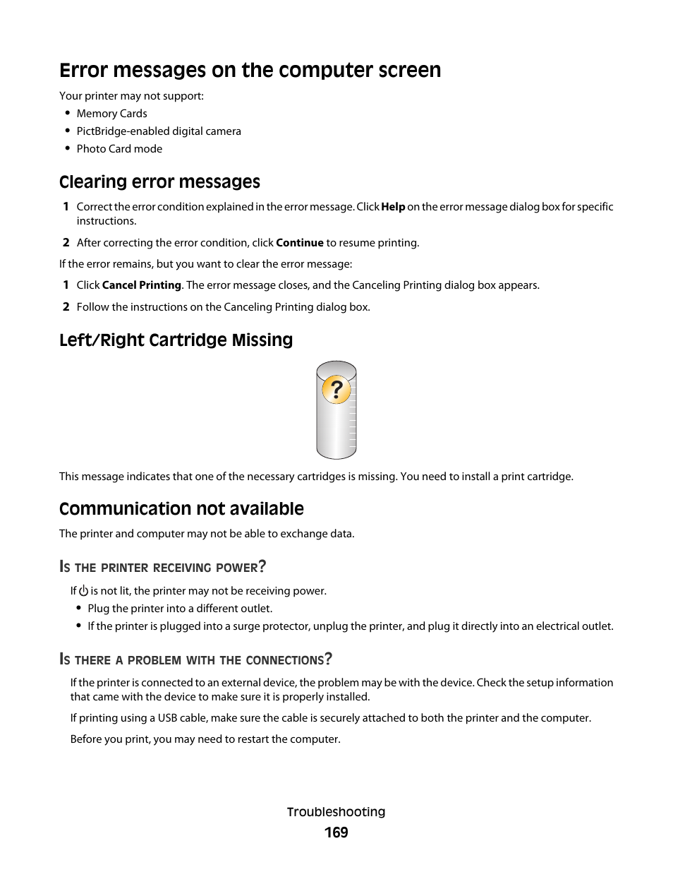 Error messages on the computer screen, Clearing error messages, Left/right cartridge missing | Communication not available | Lexmark 5300 Series User Manual | Page 169 / 194
