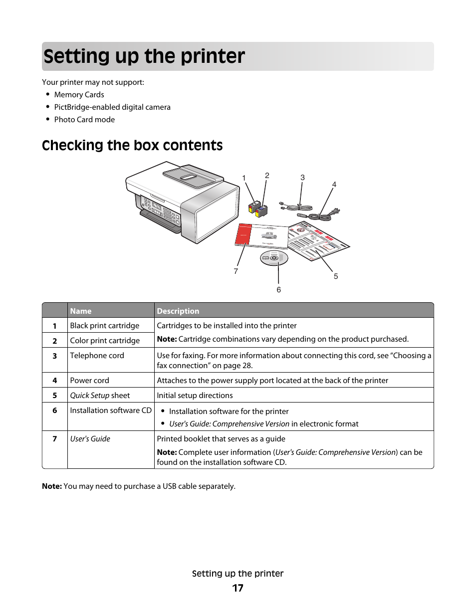 Setting up the printer, Checking the box contents | Lexmark 5300 Series User Manual | Page 17 / 194