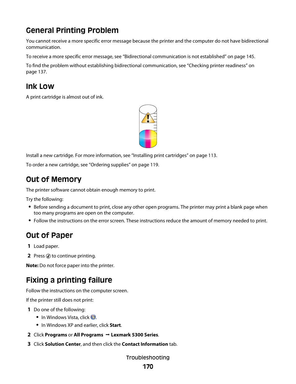 General printing problem, Ink low, Out of memory | Out of paper, Fixing a printing failure, General printing problem ink low out of memory, Out of paper fixing a printing failure | Lexmark 5300 Series User Manual | Page 170 / 194