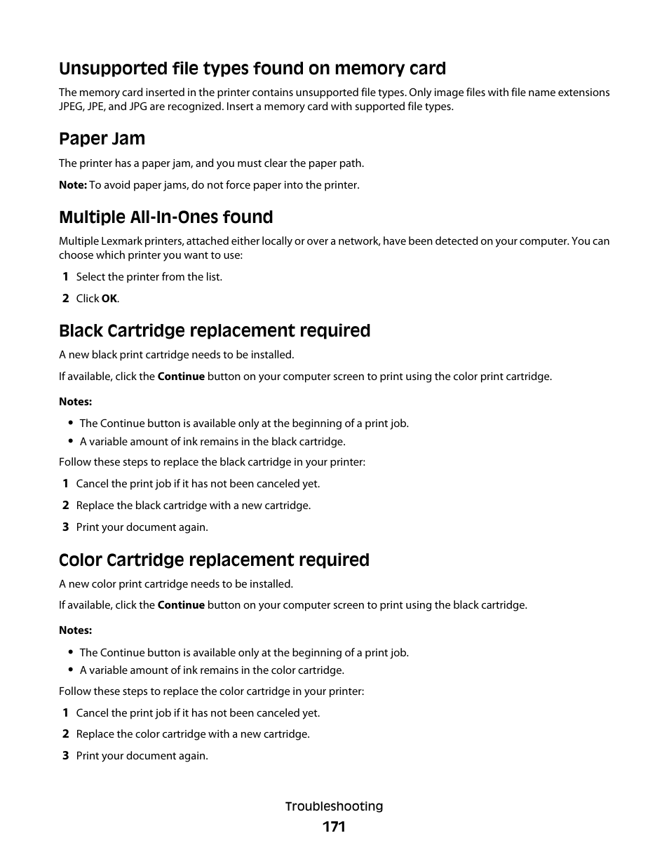 Unsupported file types found on memory card, Paper jam, Multiple all-in-ones found | Black cartridge replacement required, Color cartridge replacement required | Lexmark 5300 Series User Manual | Page 171 / 194
