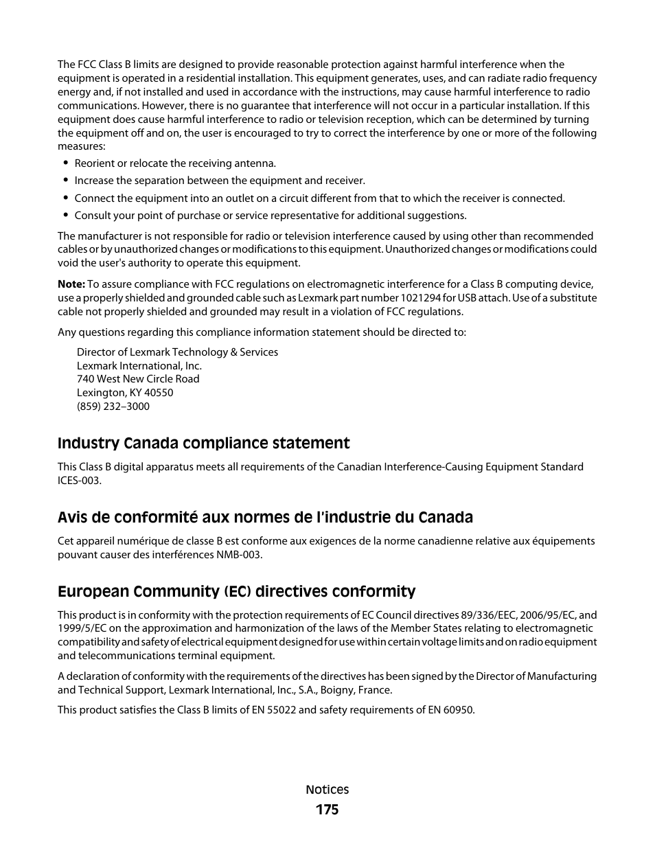 European community (ec) directives conformity, Industry canada compliance statement | Lexmark 5300 Series User Manual | Page 175 / 194