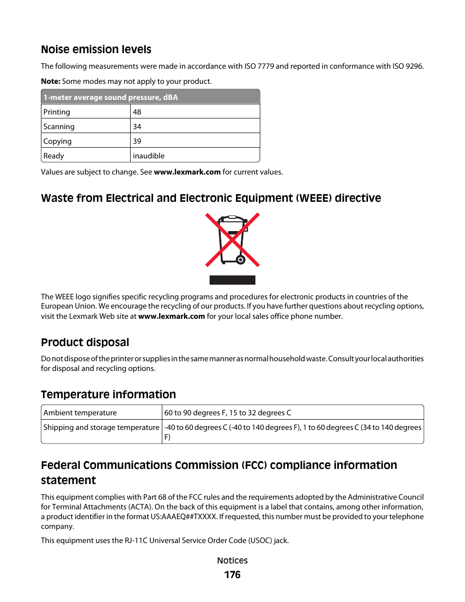Noise emission levels, Product disposal, Temperature information | Lexmark 5300 Series User Manual | Page 176 / 194