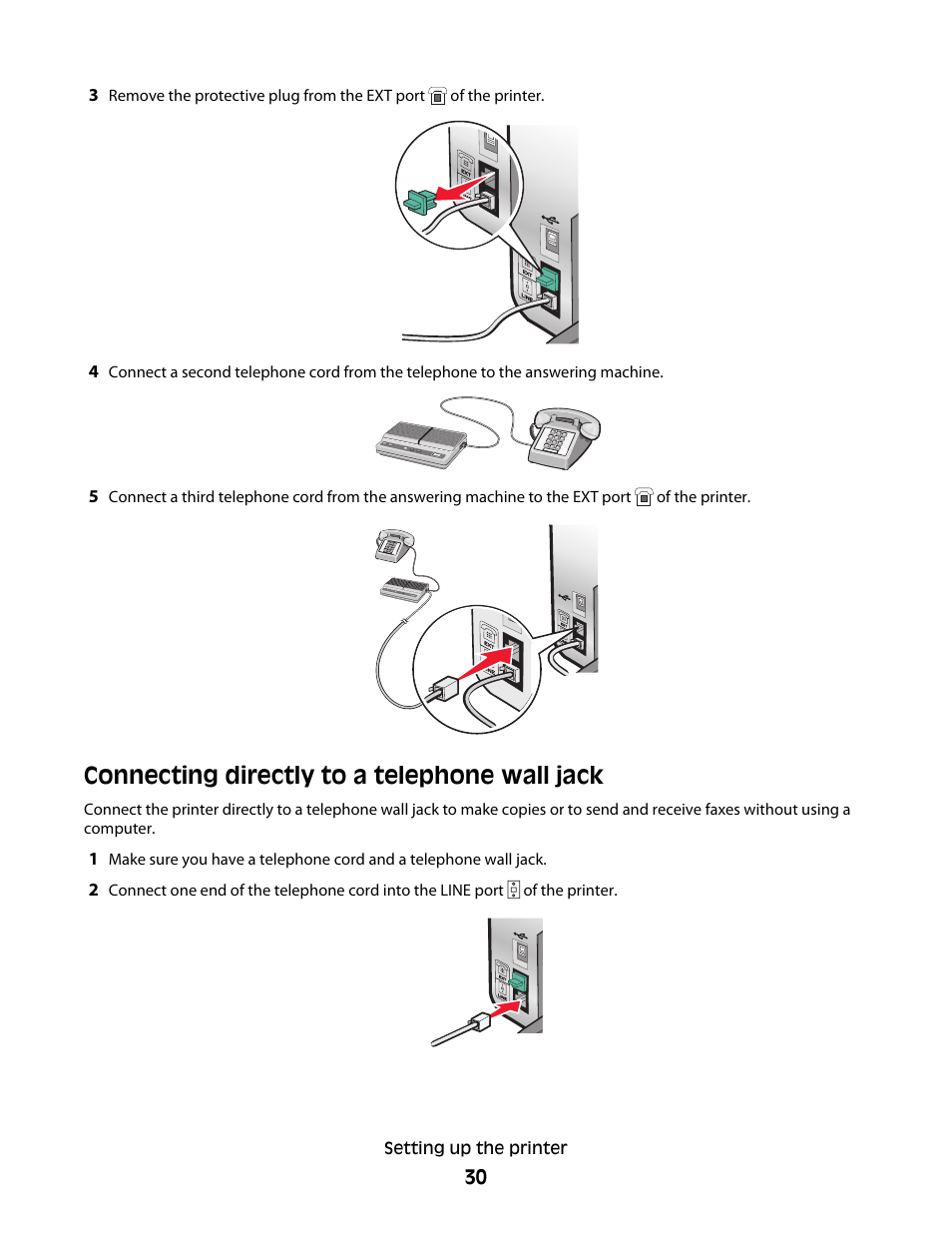 Connecting directly to a telephone wall jack | Lexmark 5300 Series User Manual | Page 30 / 194