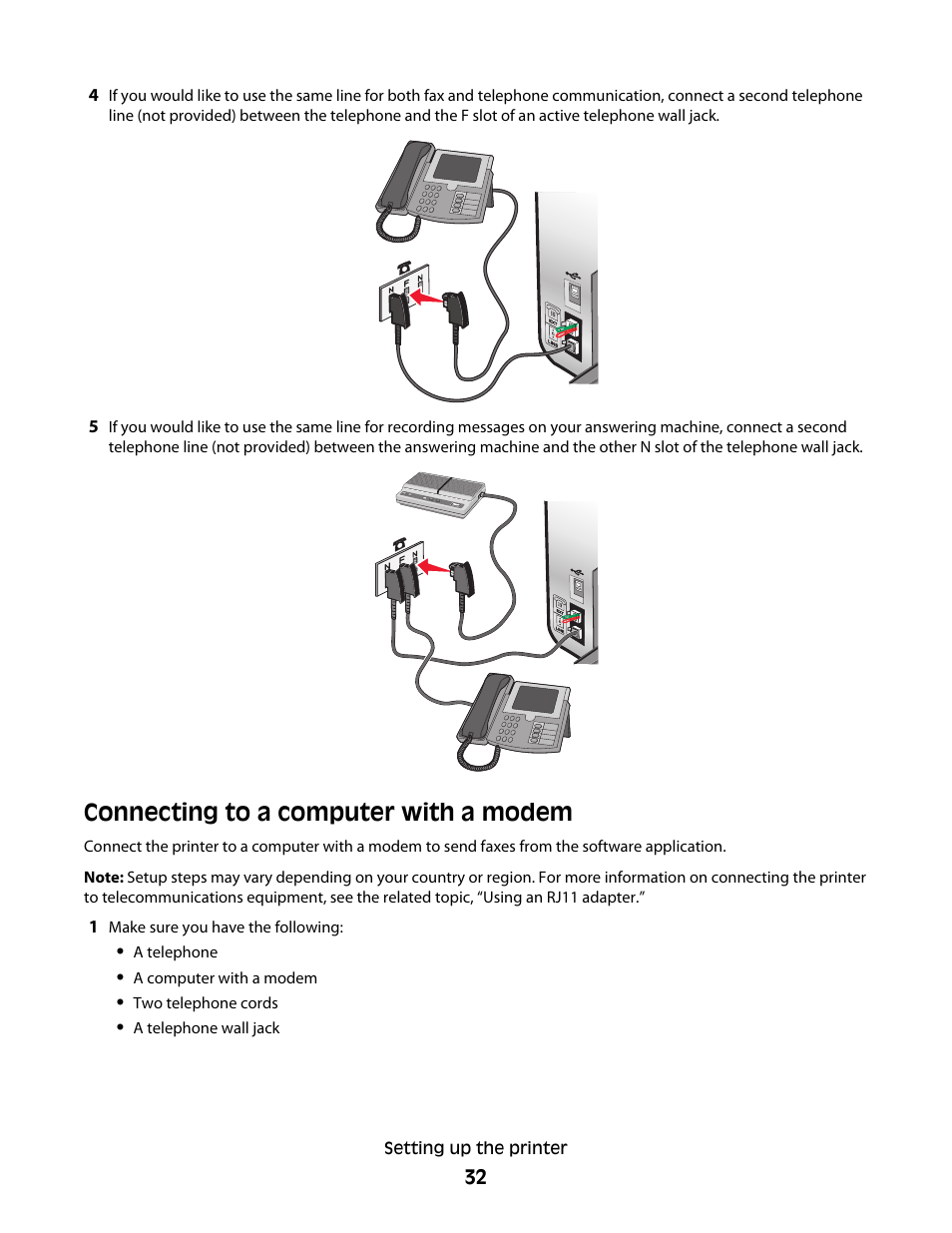 Connecting to a computer with a modem | Lexmark 5300 Series User Manual | Page 32 / 194