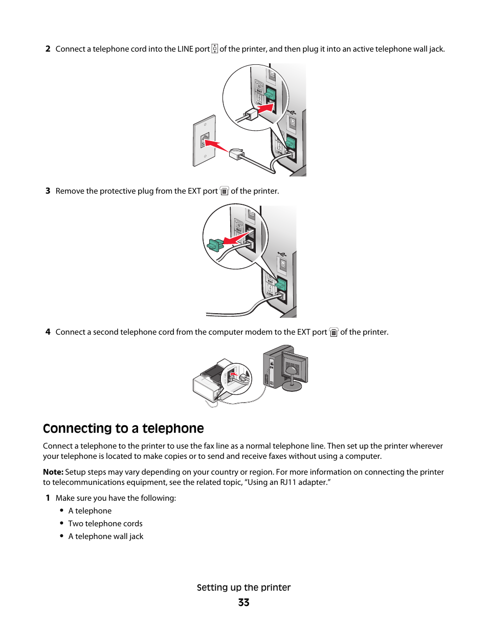 Connecting to a telephone | Lexmark 5300 Series User Manual | Page 33 / 194
