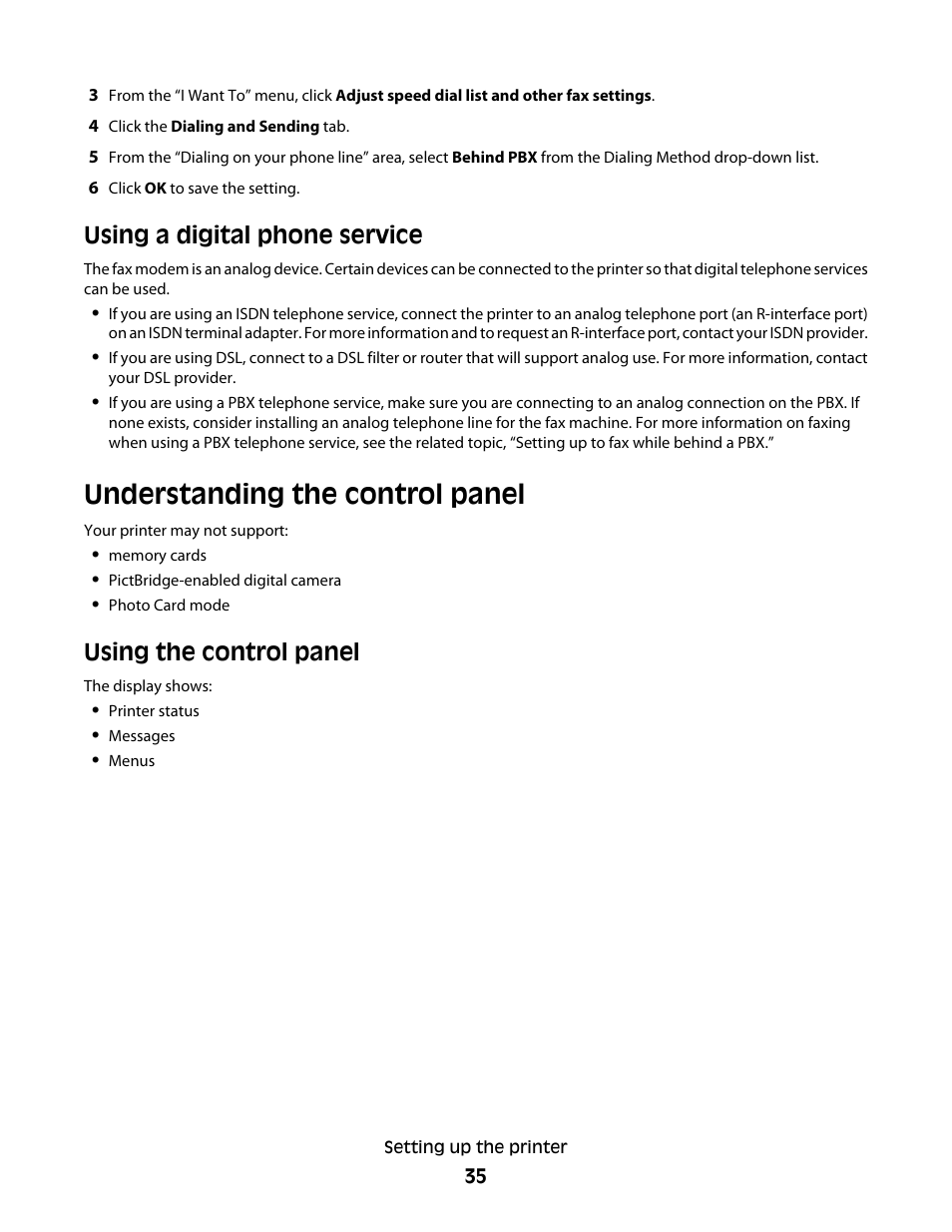 Using a digital phone service, Understanding the control panel, Using the control panel | Lexmark 5300 Series User Manual | Page 35 / 194