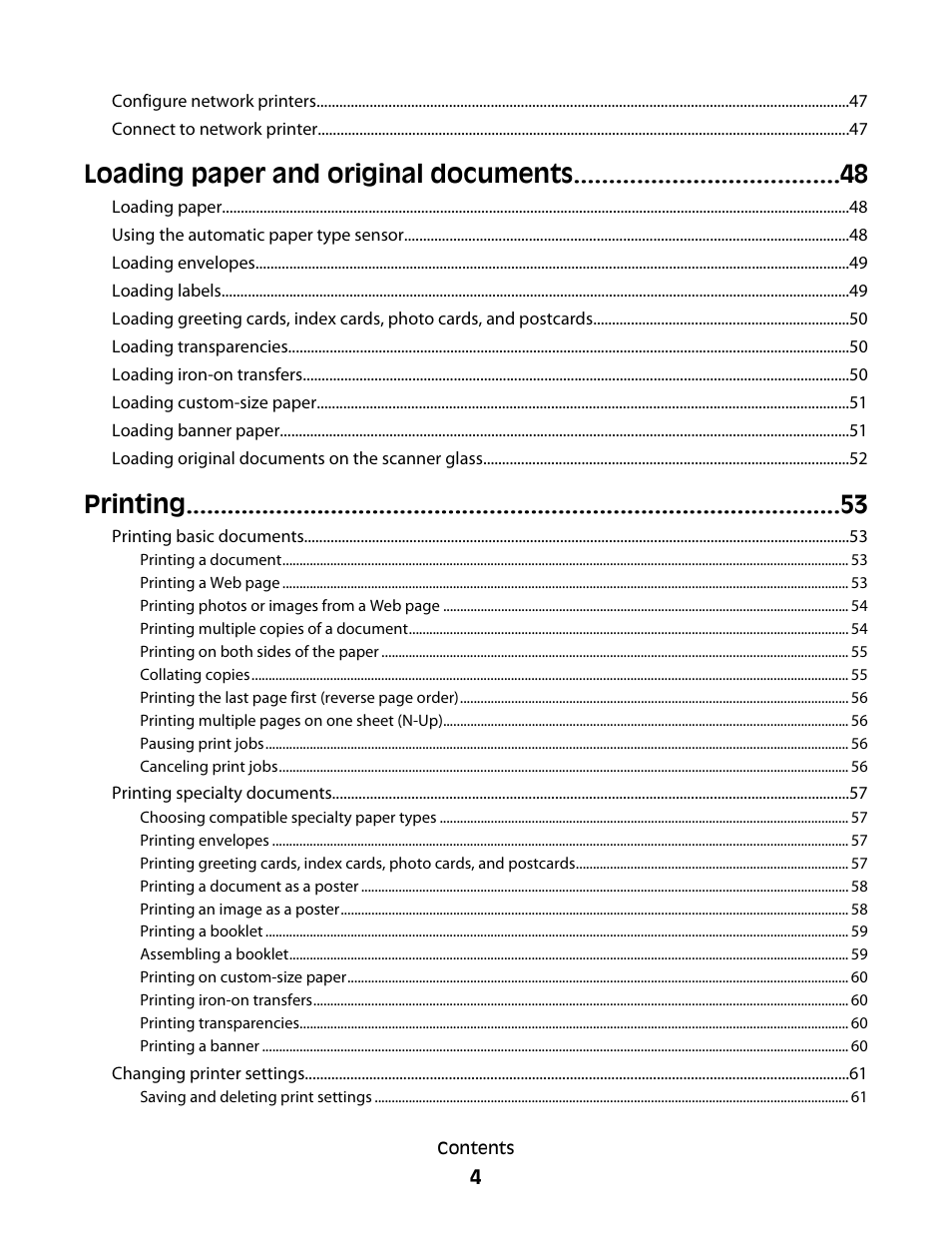 Loading paper and original documents, Printing | Lexmark 5300 Series User Manual | Page 4 / 194
