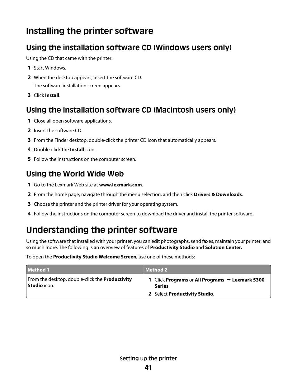 Installing the printer software, Understanding the printer software, Using the world wide web | Lexmark 5300 Series User Manual | Page 41 / 194