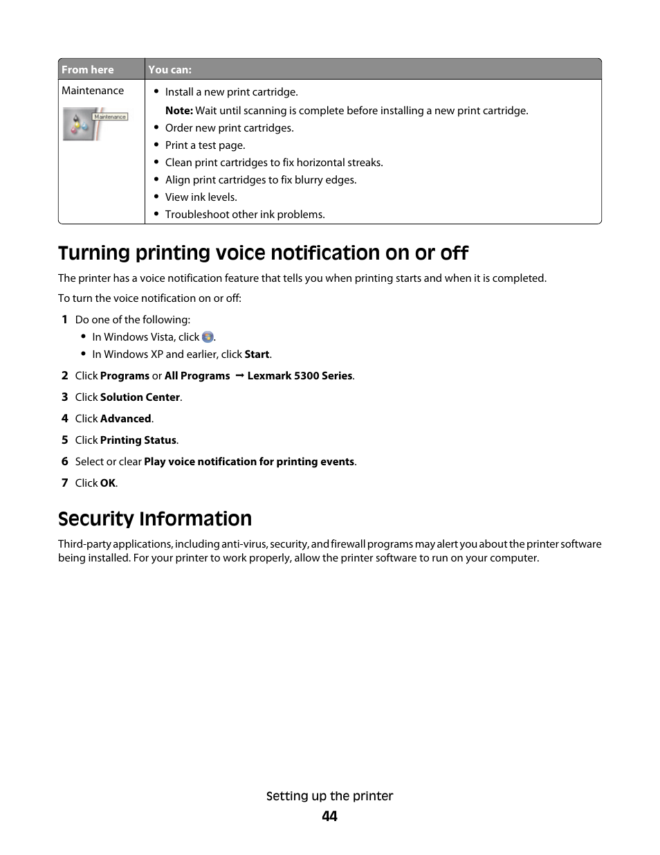Turning printing voice notification on or off, Security information | Lexmark 5300 Series User Manual | Page 44 / 194