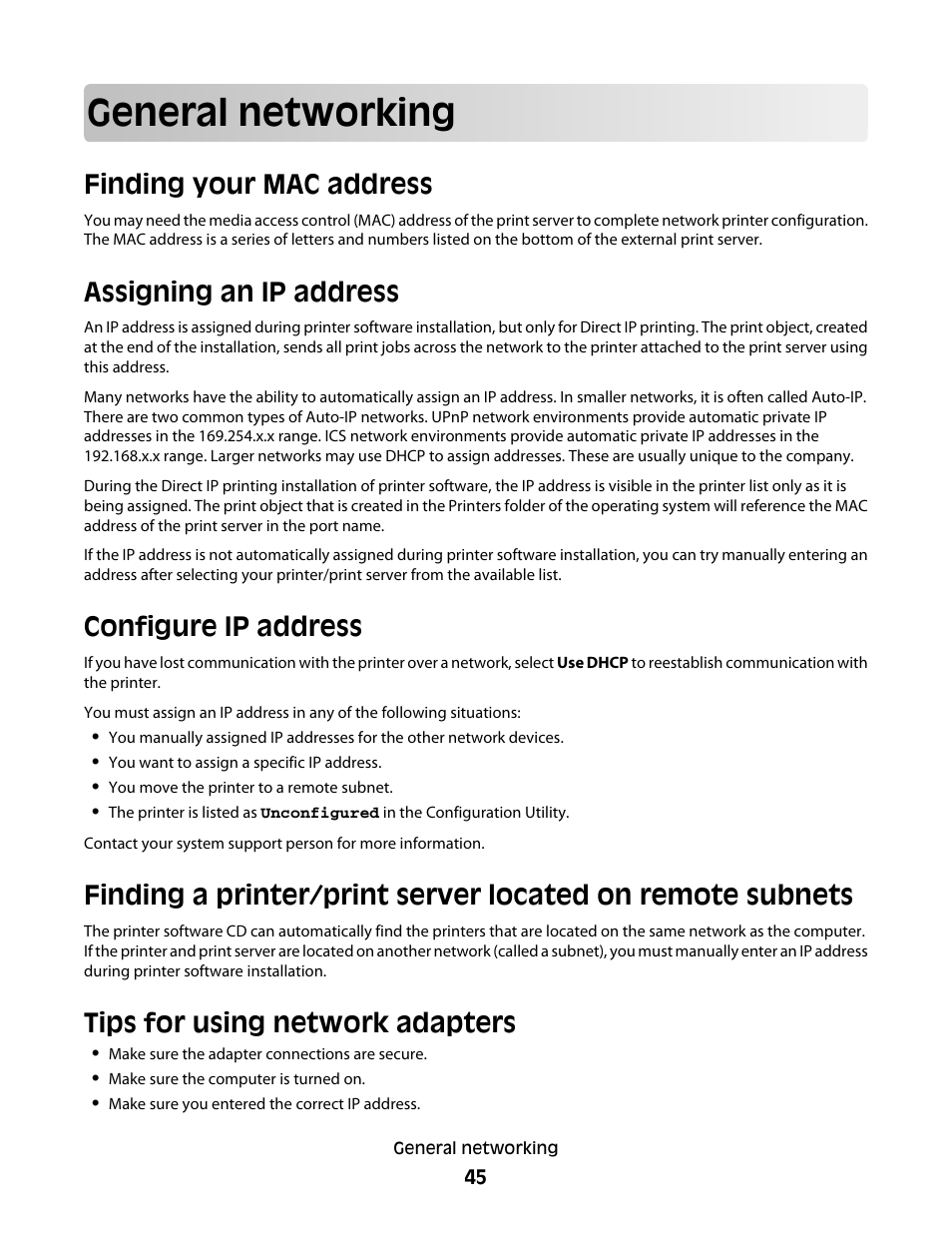 General networking, Finding your mac address, Assigning an ip address | Configure ip address, Tips for using network adapters | Lexmark 5300 Series User Manual | Page 45 / 194