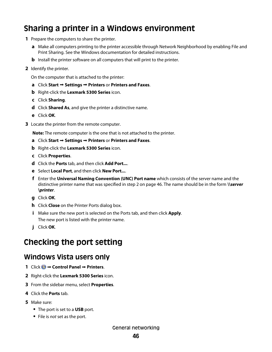Sharing a printer in a windows environment, Checking the port setting, Windows vista users only | Lexmark 5300 Series User Manual | Page 46 / 194