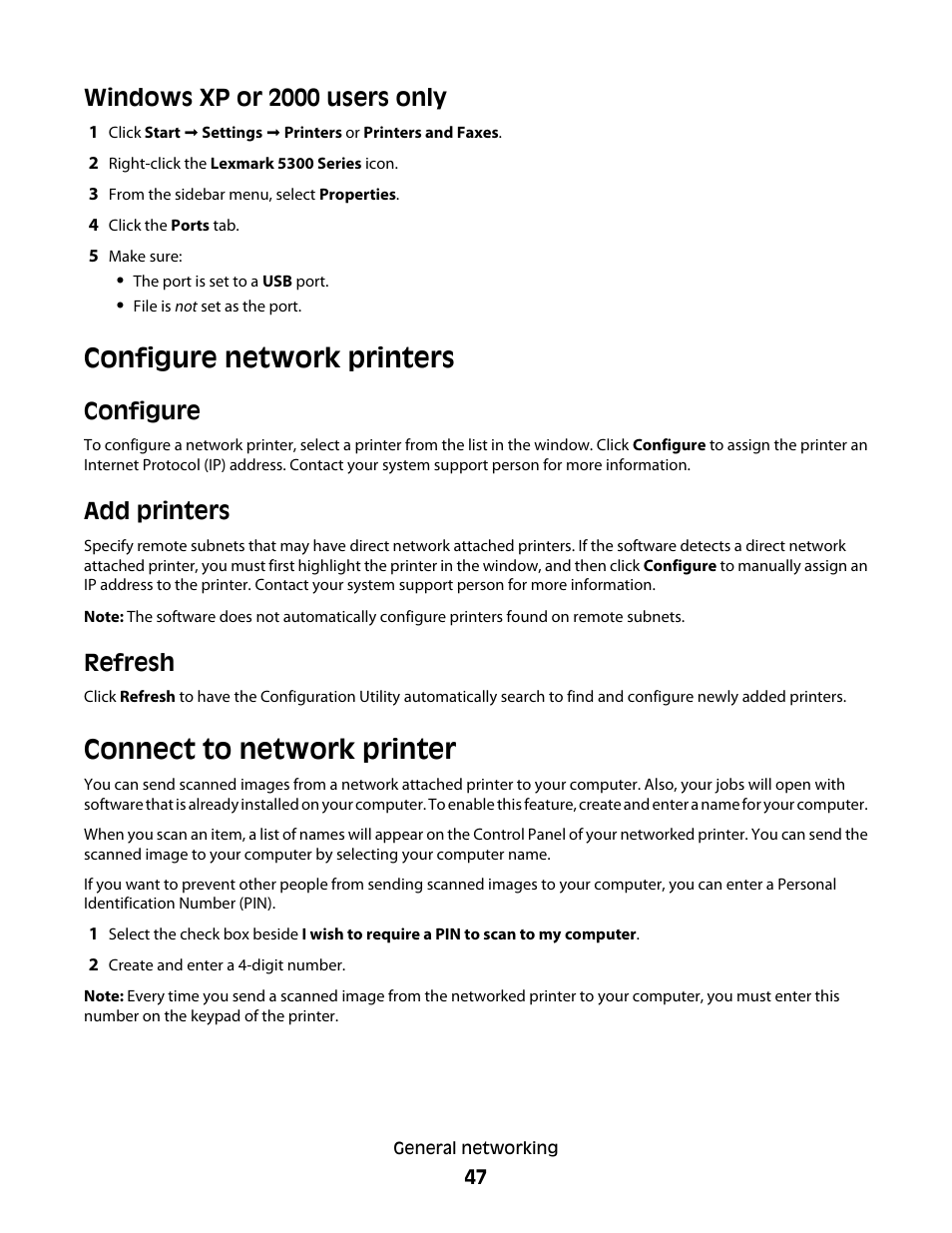 Configure network printers, Connect to network printer, Windows xp or 2000 users only | Configure, Add printers, Refresh | Lexmark 5300 Series User Manual | Page 47 / 194