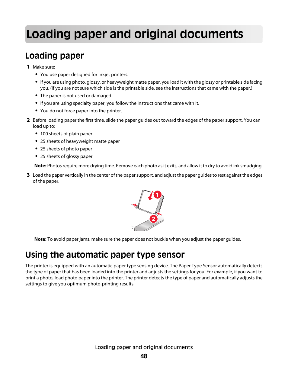 Loading paper and original documents, Loading paper, Using the automatic paper type sensor | Lexmark 5300 Series User Manual | Page 48 / 194
