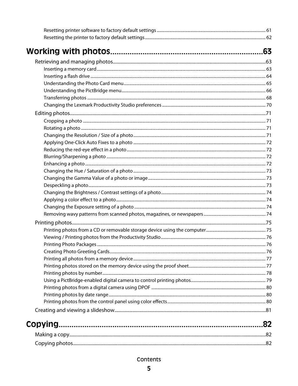 Working with photos, Copying | Lexmark 5300 Series User Manual | Page 5 / 194