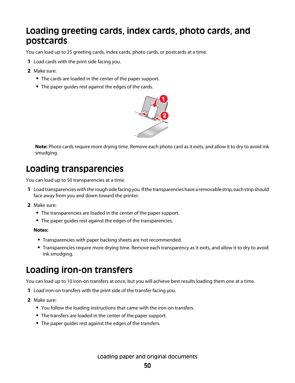 Loading transparencies, Loading iron-on transfers | Lexmark 5300 Series User Manual | Page 50 / 194