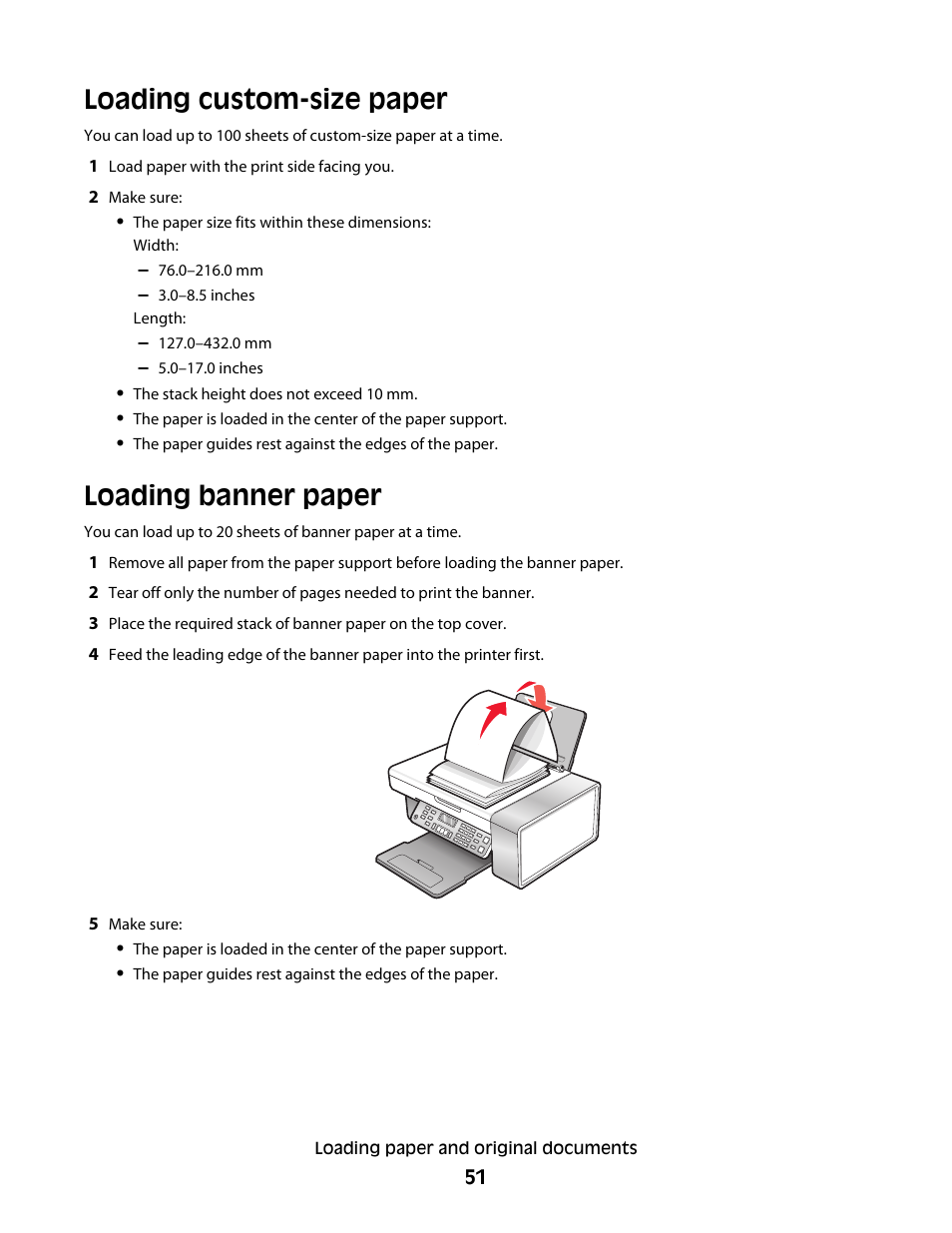 Loading custom-size paper, Loading banner paper | Lexmark 5300 Series User Manual | Page 51 / 194