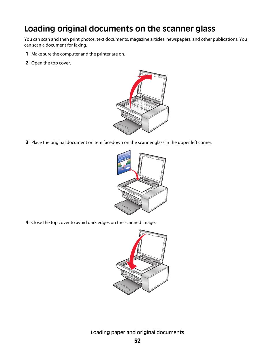 Loading original documents on the scanner glass | Lexmark 5300 Series User Manual | Page 52 / 194