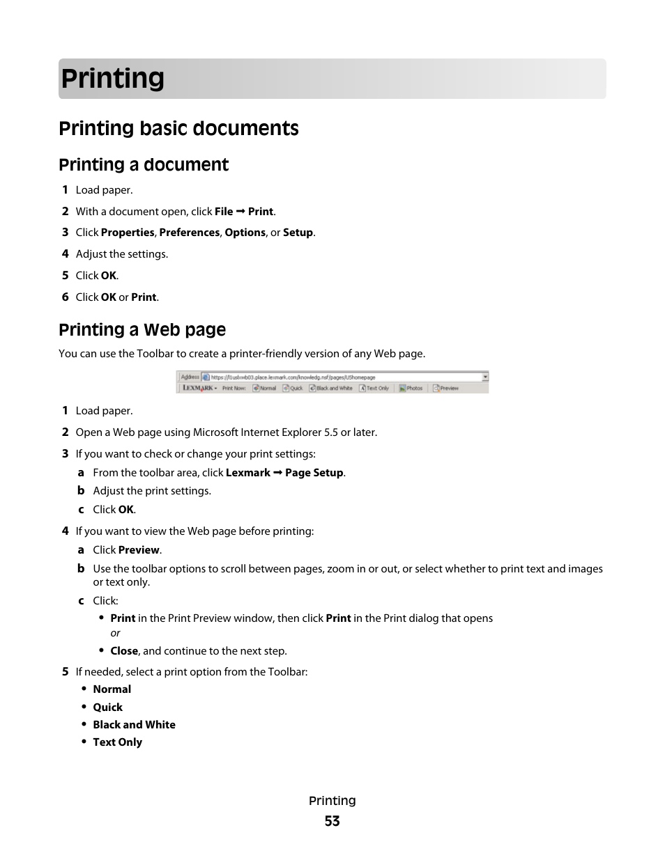 Printing, Printing basic documents, Printing a document | Printing a web page | Lexmark 5300 Series User Manual | Page 53 / 194