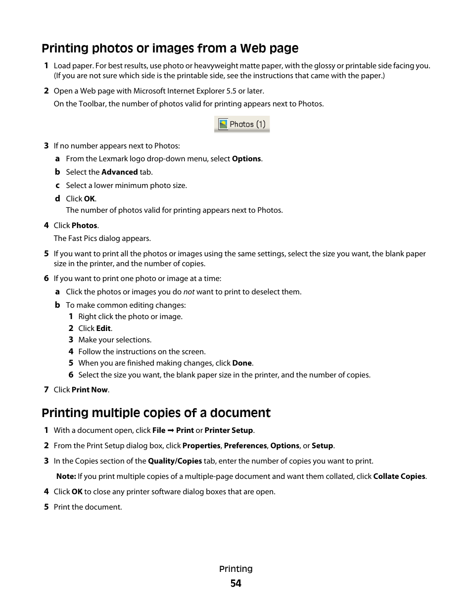 Printing multiple copies of a document, Printing photos or images from a web page | Lexmark 5300 Series User Manual | Page 54 / 194