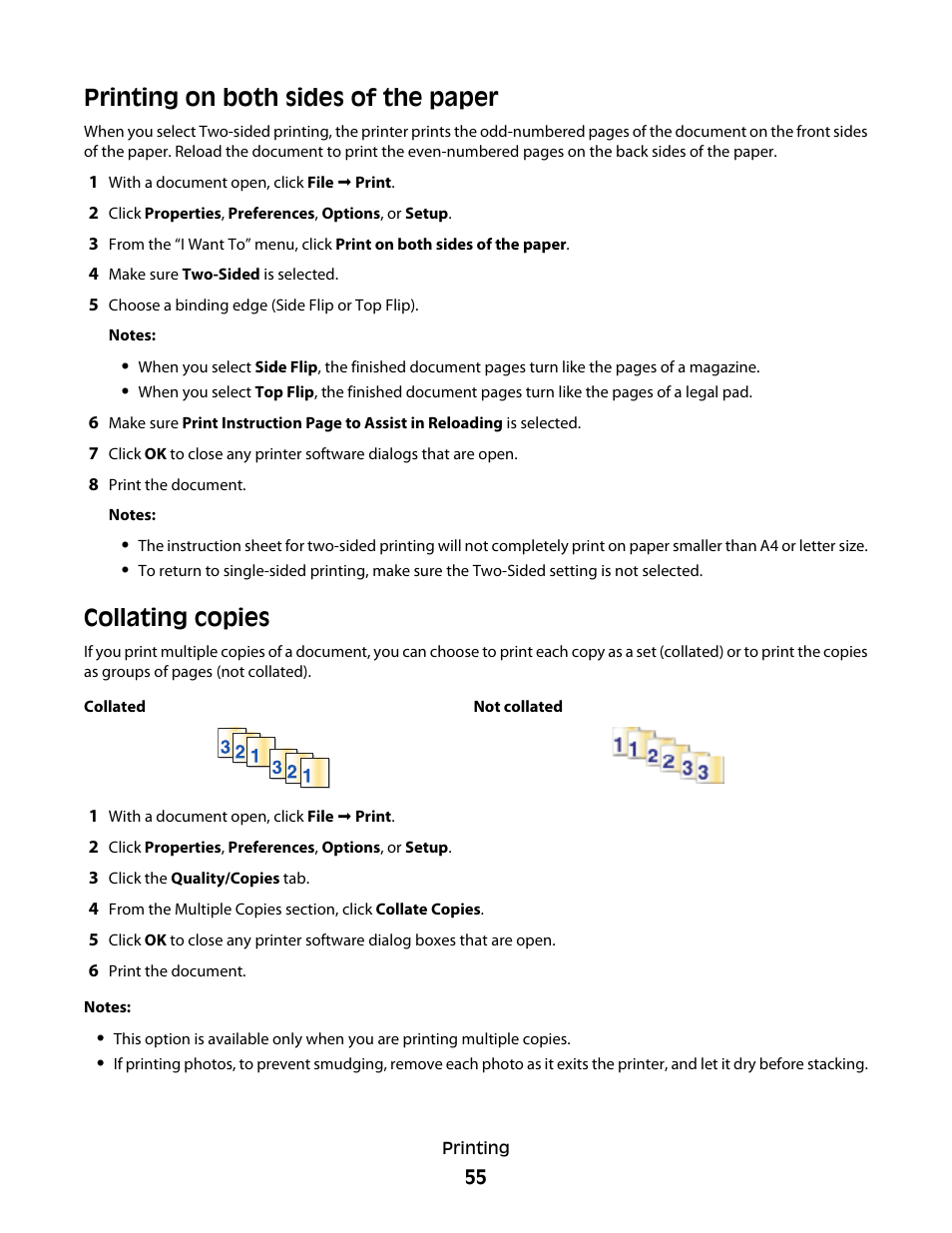 Printing on both sides of the paper, Collating copies | Lexmark 5300 Series User Manual | Page 55 / 194