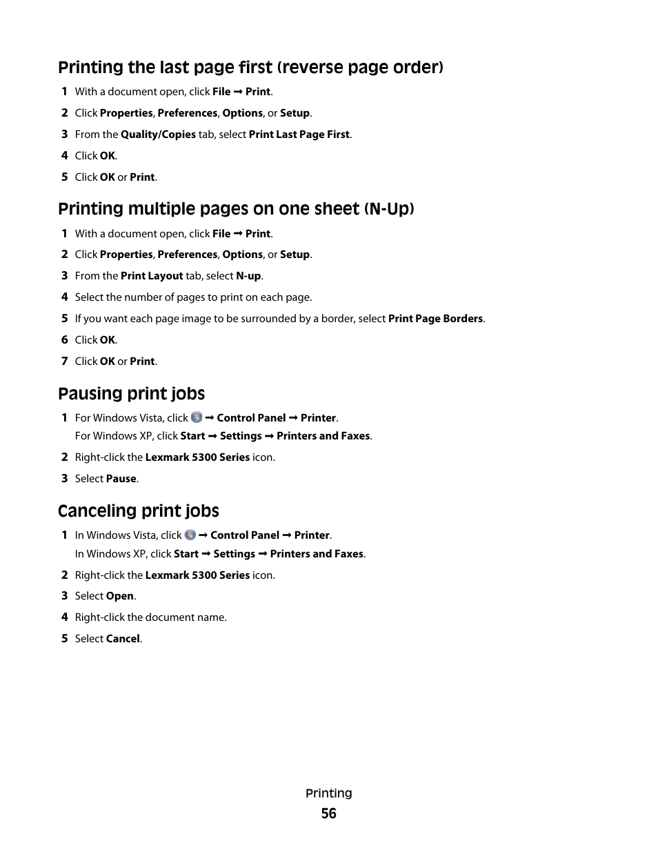 Pausing print jobs, Canceling print jobs, Printing the last page first (reverse page order) | Printing multiple pages on one sheet (n-up) | Lexmark 5300 Series User Manual | Page 56 / 194