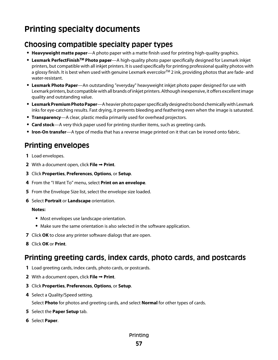 Printing specialty documents, Choosing compatible specialty paper types, Printing envelopes | Lexmark 5300 Series User Manual | Page 57 / 194