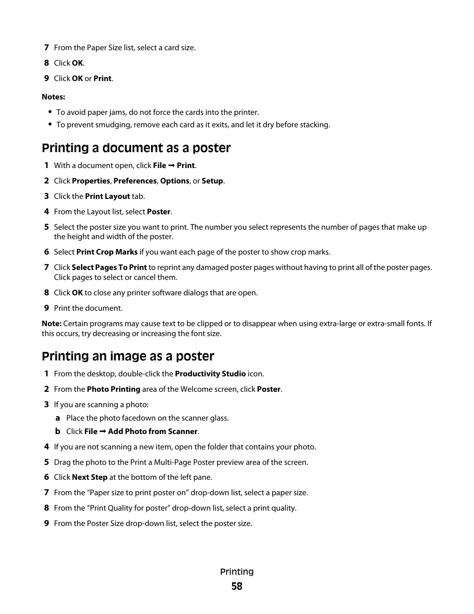 Printing a document as a poster, Printing an image as a poster | Lexmark 5300 Series User Manual | Page 58 / 194