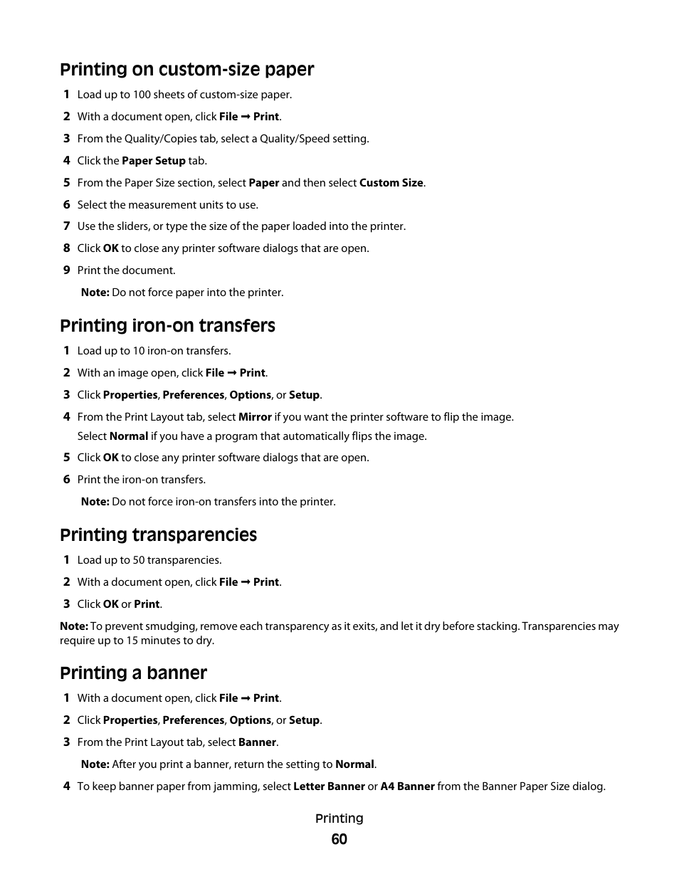 Printing on custom-size paper, Printing iron-on transfers, Printing transparencies | Printing a banner, Printing transparencies printing a banner | Lexmark 5300 Series User Manual | Page 60 / 194