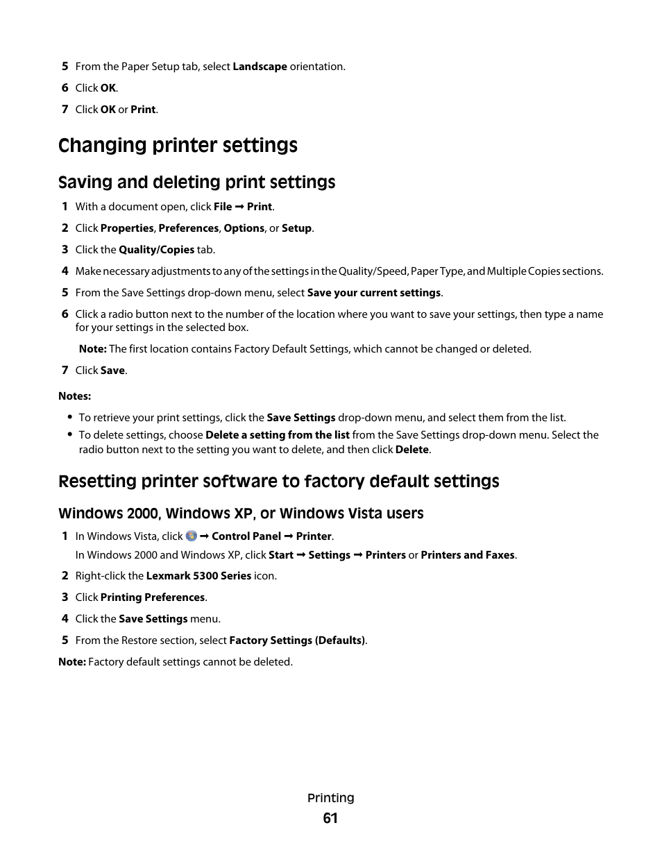 Changing printer settings, Saving and deleting print settings | Lexmark 5300 Series User Manual | Page 61 / 194