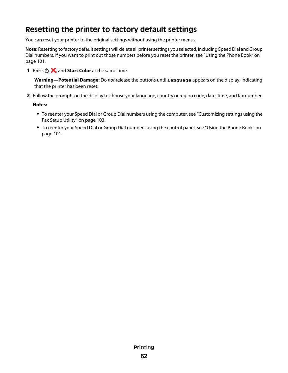 Resetting the printer to factory default settings | Lexmark 5300 Series User Manual | Page 62 / 194