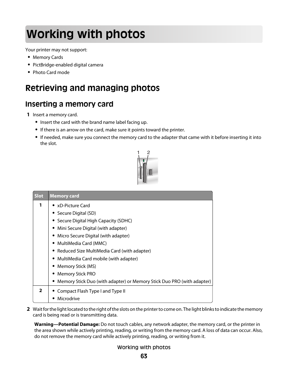 Working with photos, Retrieving and managing photos, Inserting a memory card | Lexmark 5300 Series User Manual | Page 63 / 194