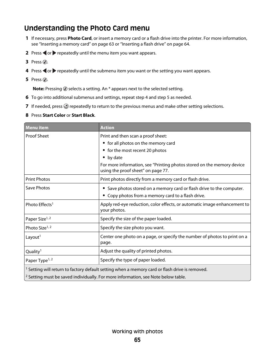 Understanding the photo card menu | Lexmark 5300 Series User Manual | Page 65 / 194