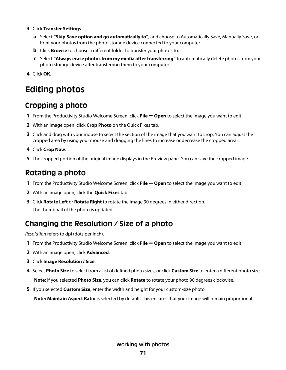 Editing photos, Cropping a photo, Rotating a photo | Changing the resolution / size of a photo | Lexmark 5300 Series User Manual | Page 71 / 194