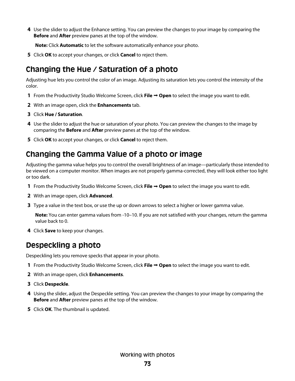 Changing the hue /﻿ saturation of a photo, Changing the gamma value of a photo or image, Despeckling a photo | Changing the hue / saturation of a photo | Lexmark 5300 Series User Manual | Page 73 / 194